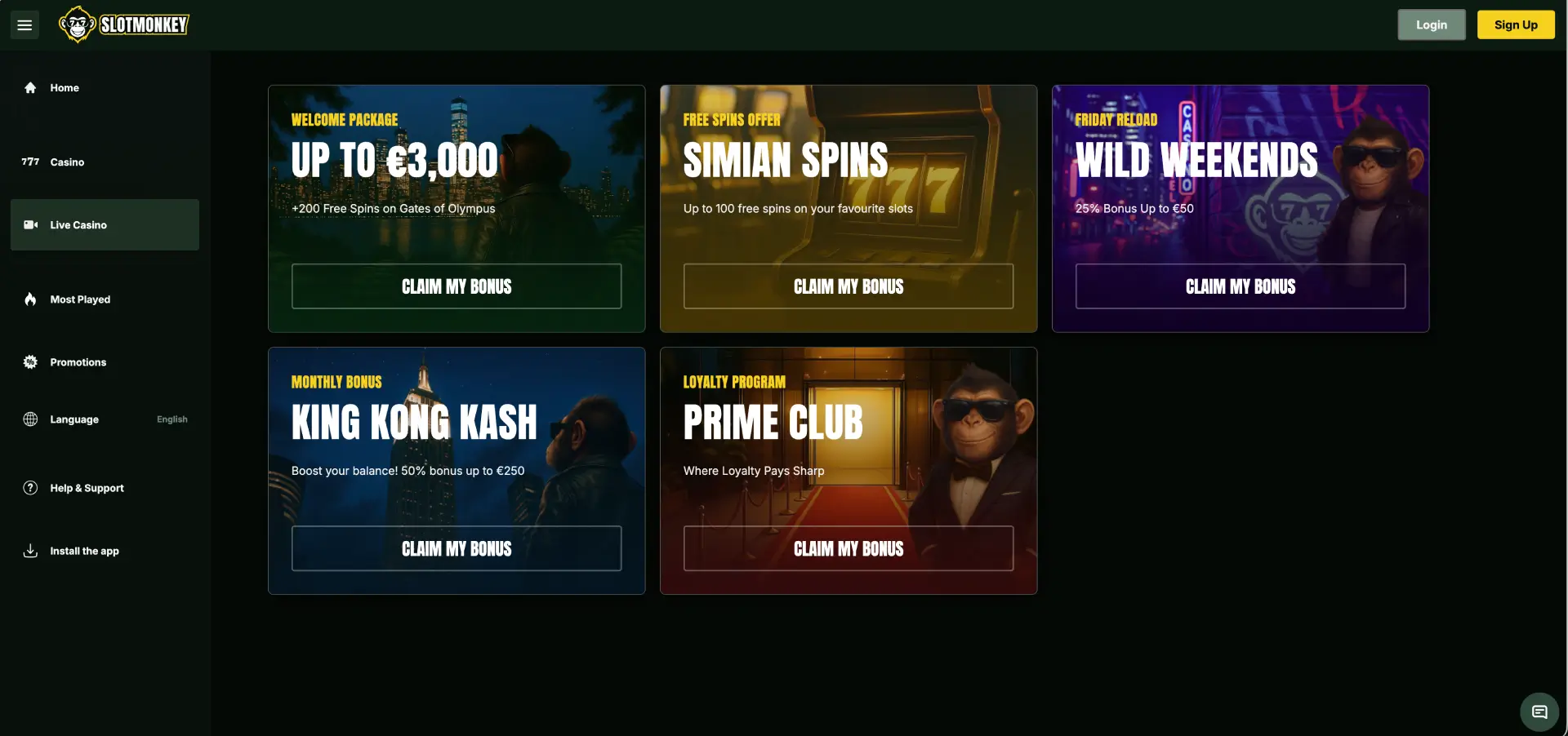 Slotmonkey bonuspagina met welkomstpakket en terugkerende promoties